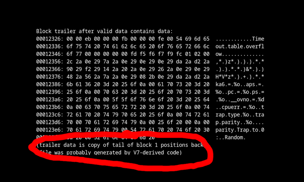 A screenshot of terminal output showing a hex dump of the final sector of a tar file, noting that it contains excess data. It points out that the excess data mirrors other data exactly 20 blocks back, and opines that this is likely a result of V7 Unix-derived tar code.