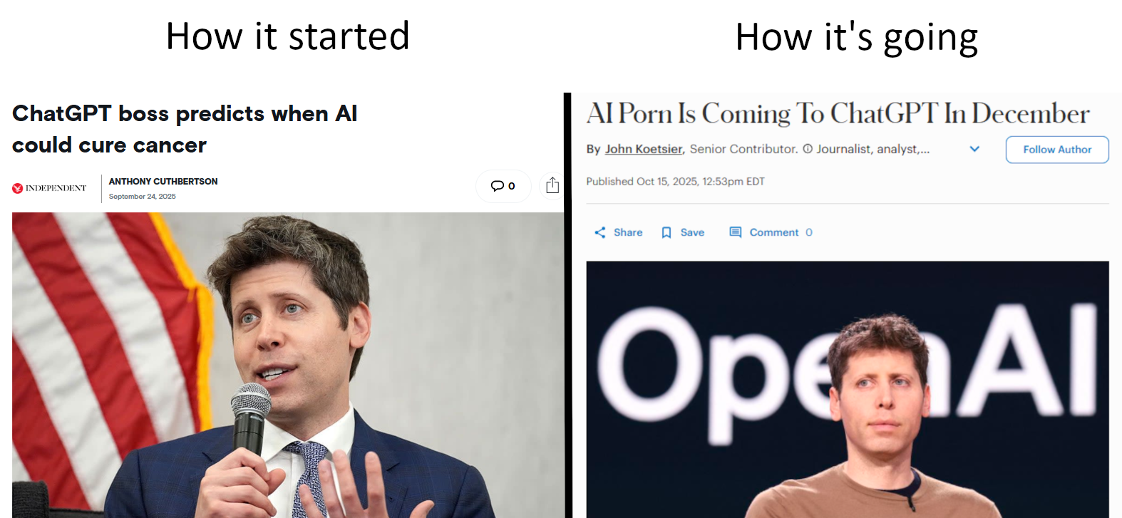 Sharepic: How it started, How it's going Zwei Schlagzeilen. Links: ChatGPT boss predicts when Al could cancer. Rechts: Al Porn Is Coming To ChatGPT In December