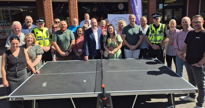 Group photo showing Swansea Council, South Wales Police and partner organisations at the launch of the City Chill summer activities in St David’s Square, Swansea.