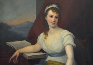 Painting showing Dorothea Schlözer - sitting by open window with mountain and forest in background, arm is relaxed holding a book open