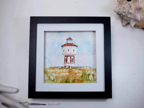 Aquarell-Malerei, gerahmt (ca 22x22cm) Motiv Wasserturm Langeoog