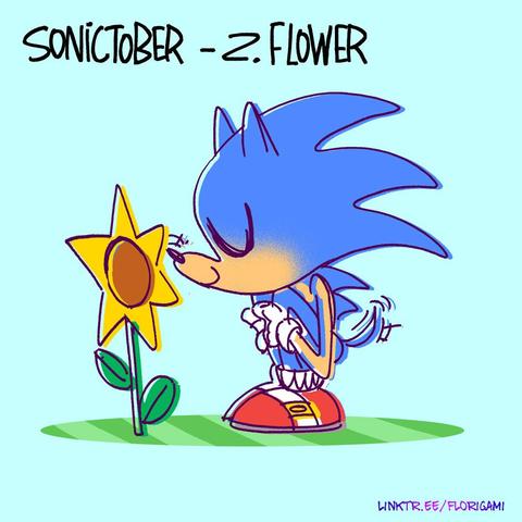 cartoon digital illustration of Sonic smelling a sunflower