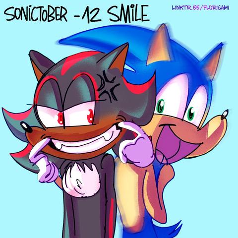 cartoon digital illustration of Sonic forcing Shadow to smile