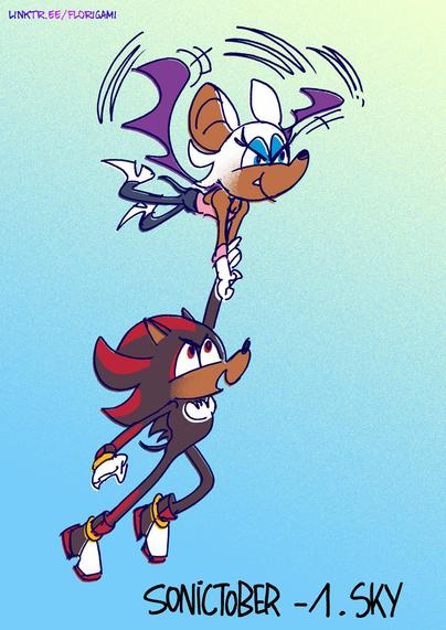 cartoon digital doodle of Rouge flying and carrying Shadow
