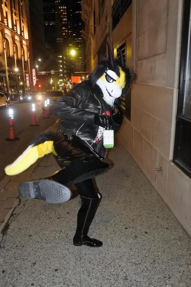 Fursuit photo of Terry the dragon attempting some kind of martial arts kick late at night during Anthrocon 2024.  This was shot by Sofox outside the Omni hotel in Pittsburgh.
Although this is supposed to be "fluff vs shiny" Terry is still wearing PVC gloves and jeans.  He is wearing a black leather jacket and knee-length PVC boots.