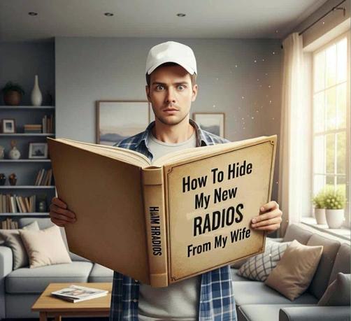 Someone reading a book called HOW TO HIDE MY NEW RADIOS FROM MY WIFE