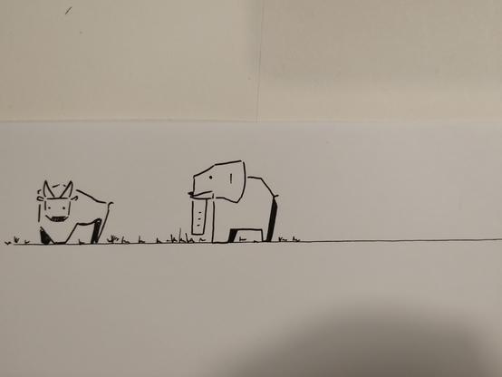 Die Zeichnung zeigt einen Stier und daneben einen Elefanten