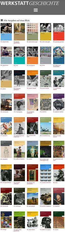 Screenshot der Website von #WerkstattGeschichte, auf der alle Frontcover der Ausgaben Zeitschrift abgebildet sind (Teil 1: Heft 91-46)