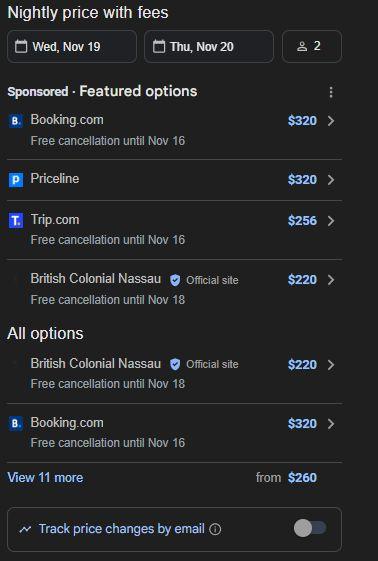 Google local packs for hotel listings adds "track price changes by email" option