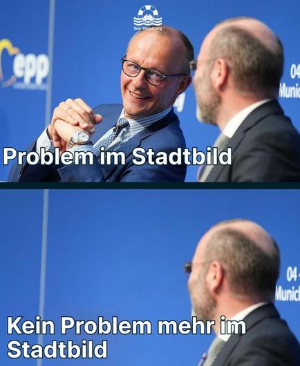 Una foto del Merz diciendo que el problema es del paisaje urbano por los migrantes, en la foto de abajo el problema se resuelve porque ya no está él.