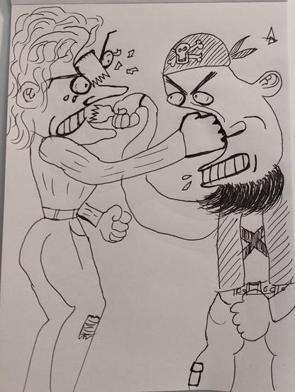 Two people, one punching the other, who smashes a beer bottle on the head of the former, their attacks deforming each other's faces