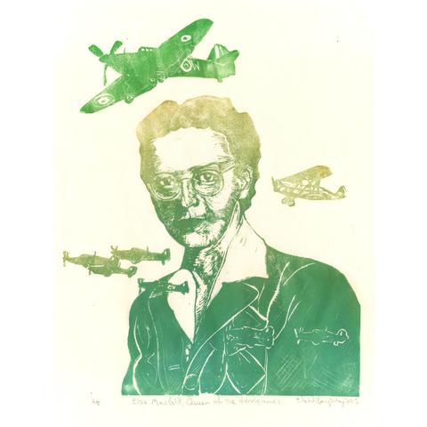 Lino block portrait of aeronautical engineer Elsie MacGill shows her from the shoulders up wearing a suit and glasses with wavy short hair back, with a Hawker Hurricane above her and several tiny ones flying in front of her as well as a Maple Leaf Trainer II airplane by her head. The print is made in an ink gradient of green at the top, followed by gold in the middle and green again at the bottom on cream coloured Japanese washi paper, 9.25” x 12.5”, numbered, titled “Elsie MacGill, Queen of the Hurricanes” and signed Ele Willoughby, 2025.