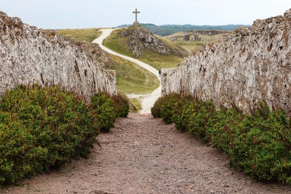 A striking landscape photograph capturing a winding dirt path that leads uphill toward a prominent cross perched atop a grassy hill. The path is flanked by rugged, weathered limestone walls, creating a natural corridor that draws the eye toward the cross. The limestone formations are textured and uneven, adding a sense of age and history to the scene. Low, green shrubs and bushes line the base of the walls, contrasting with the earthy tones of the path and stone. The sky above is overcast, casting a soft, diffused light over the rolling hills and distant horizon, which adds a serene and contemplative atmosphere to the image.