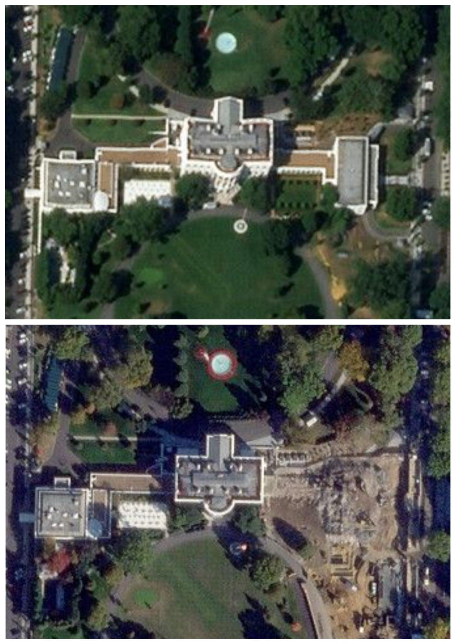A side-by-side view from above of the White House complex before and after Dictator Trump's destruction of the entire east side of the complex.
