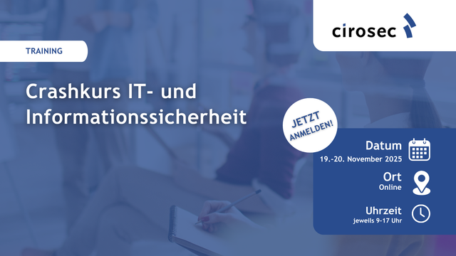 In diesem praxisorientierten Training lernen Sie die Grundlagen der IT- und Informationssicherheit kennen. Profitieren Sie von der über 20-jährigen Erfahrung unseres Trainers, der Ihnen aktuelle und relevante Einblicke bietet.

In unserer zweitägigen Schulung stehen folgende Themen im Mittelpunkt:
- Grundbegriffe der IT- und Informationssicherheit
- Unterschied zwischen IT-Sicherheit und Datenschutz
- Aktuelle Bedrohungen und Angriffstechniken
- Social Engineering und die Cyber Kill Chain
- Schadprogramme: Funktionsweisen und Schutzstrategien
- Advanced Persistent Threats (APTs) und DDoS-Angriffe
- Schutzmaßnahmen und Strategien zur Risikominderung
- Zero-Trust-Ansätze und effektives Richtlinien-Management
- Schwachstellen- und Patch-Management
- Systemhärtung und Netzwerkzugangskontrolle
- Risikomanagement und Sicherheitsstandards
- Grundlagen der Risikobewertung und relevante Standards (z.B. ISO 27001)
- Einführung in das Security Incident Management
Nach dem Training sind Sie in der Lage, zentrale Begriffe der IT-Sicherheit zu verstehen, Bedrohungen für Ihr Unternehmen realistisch einzuschätzen und passende Maßnahmen abzuleiten.
Sichern Sie sich jetzt Ihren Platz und legen Sie das Fundament für eine sichere IT! 💪🔒