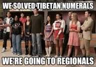 Shown are a group of about ten students, looking happy/satisfied. The caption reads: We solved Tibetan numerals. We're going to regionals.