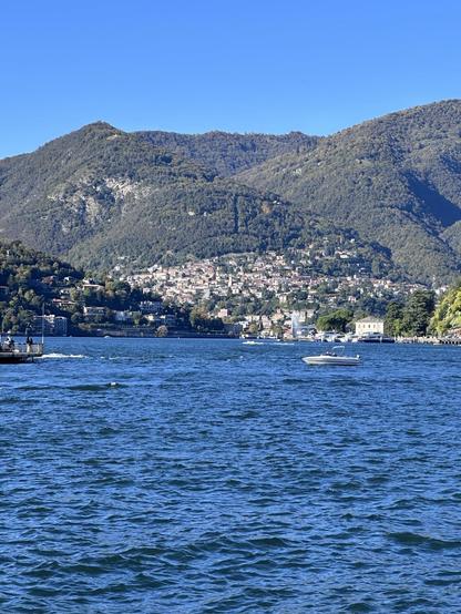 Vue sur le lac très bleu entouré de montagnes boisées sous un ciel pur