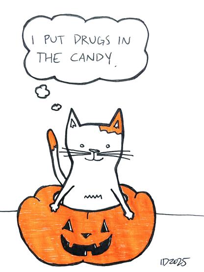 a cat with orange spots sits inside a carved jackolantern and thinks "i put drugs in the candy."