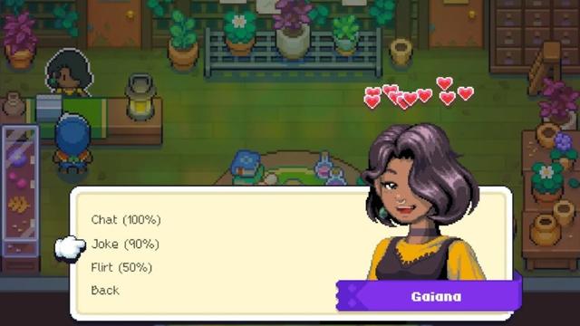 Screenshot of the game showing the character interacting with an NPC and being given chat, joke, and flirt options with percentage chances for success