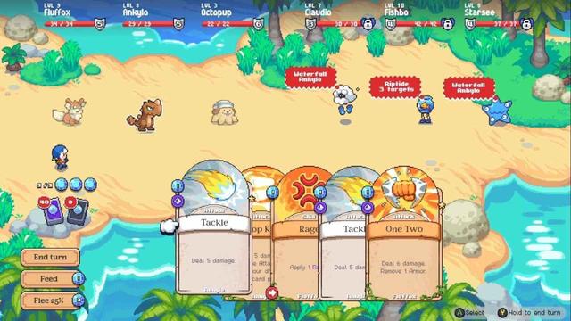 Screenshot of the battle system showing your not-Pokemon and a very Slay The Spire-style card game battling system