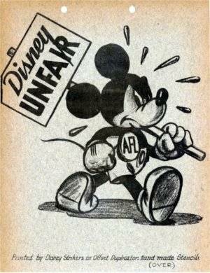 Image of a pissed off Mickey Mouse marching, with an AFL button and a sign that reads: Disney Unfair