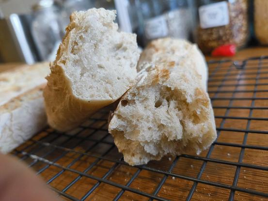 Inside the fresh baguette, showing delicate texture with plenty of airy goodness