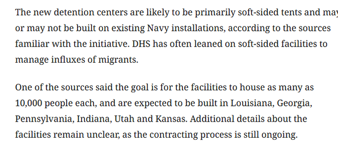 Text discussing new detention centers, likely soft-sided tents, potentially built on Navy installations to house up to 10,000 migrants each in various U.S. states. Contracting process details remain unclear.