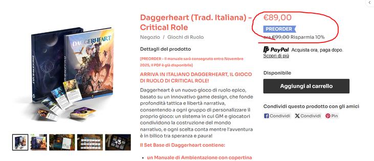 Pagina della prevendita dell'edizione italiana di Daggerheart della Acheron Games