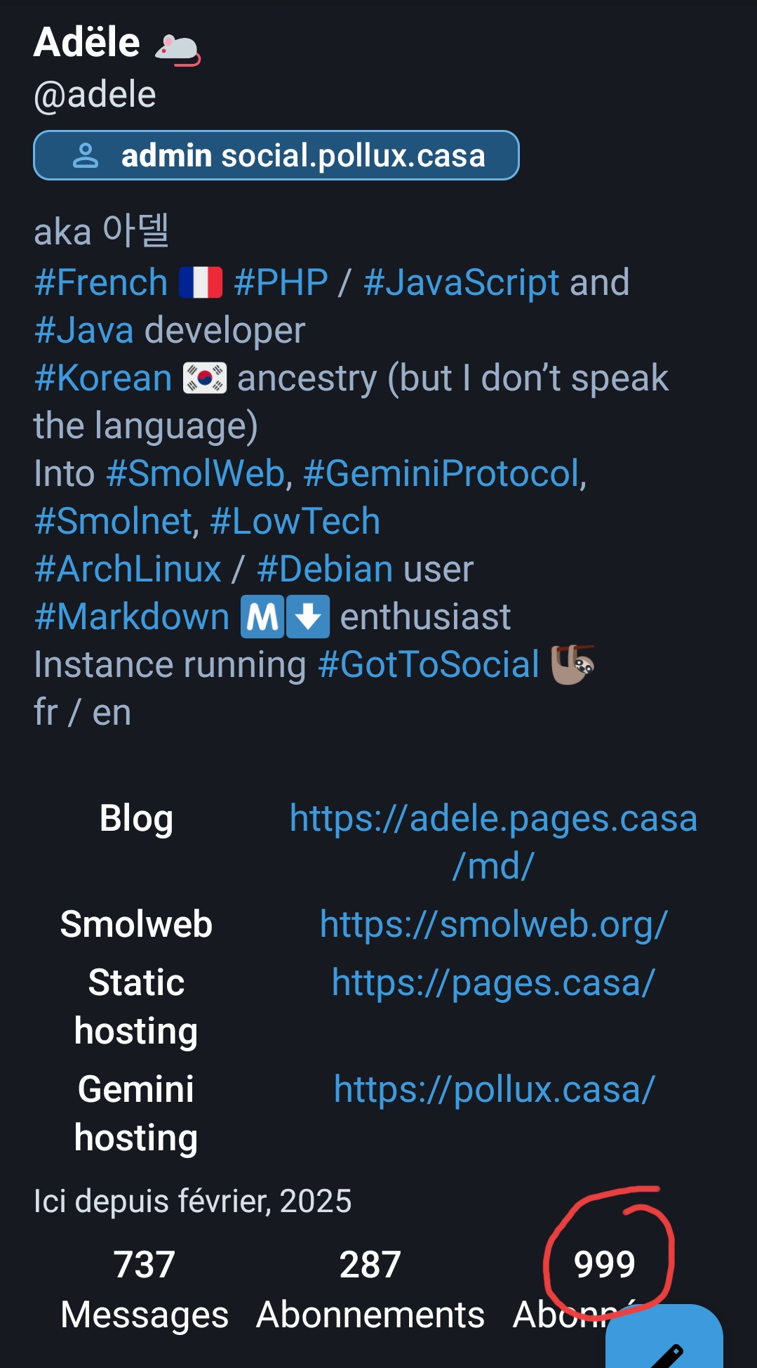 a screenshot of my Fediverse profile showing 999 followers