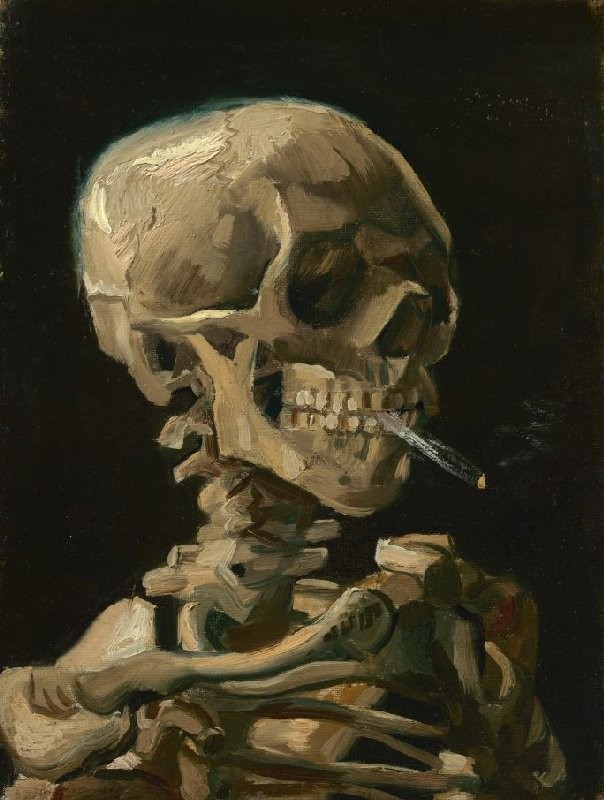 The title pretty well describes it. A skeleton, seen shoulders up, with a cigarette between its teeth.