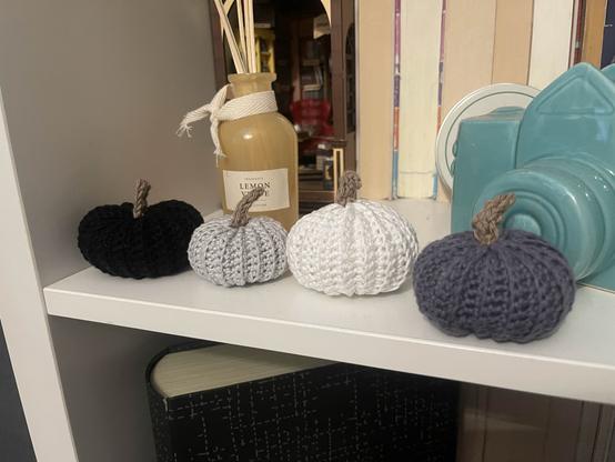 4 Crochet Pumpkins in different colors and sizes