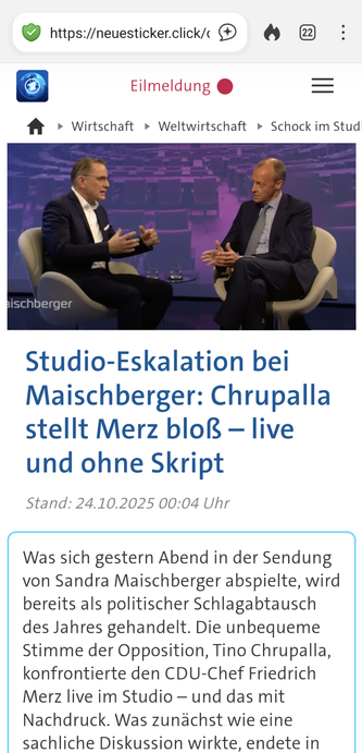 Screenshot einer gefälschten Tagesschau-Seite, die eine nicht existierende Talkrunde bei Maischberger zwischen Tino Chrupalla und Friedrich Merz behandelt. Die AfD wird fälschlich gelobt.