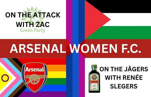 It's  a spoof of a football fan's England flag design sticker. Each corner of the flag has a progressive or sporting cultural reference, such as a Palestinian flag, a Pride flag, support for the Green Party, and a joke about Arsenal Women's manager. The cross itself is covered with Arsenal Women F.C. and integrates the controversial "bi" flag design that was included on the England football team's kit.