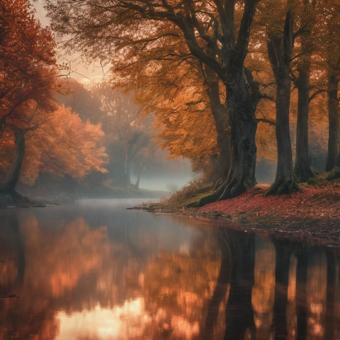 The image captures a tranquil autumn riverbank in the Ardennes, Belgium, at dawn, with soft light filtering through a light mist. Tall deciduous trees with vibrant foliage line the calm river, reflecting fiery oranges, deep reds, and golden yellows on the mirror-like water. The serene atmosphere evokes themes of seasonal change and harmony, with crisp fallen leaves carpeting the ground, inviting contemplation and introspection.
Das Bild zeigt ein ruhiges Herbstufer im Ardennen, Belgien, bei Morgengrauen, mit sanftem Licht, das durch einen leichten Nebel filtert. Hohe Laubbäume mit lebhaftem Laub säumen den ruhigen Fluss und spiegeln feurige Orangetöne, tiefes Rot und goldene Gelbtöne auf der spiegelglatten Wasseroberfläche wider. Die friedliche Atmosphäre weckt Themen des saisonalen Wandels und der Harmonie, während knusprige, gefallene Blätter den Boden bedecken und zur Kontemplation und Introspektion einladen.