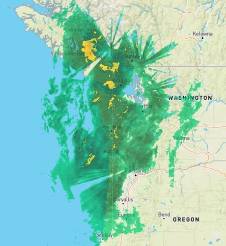 A screenshot of the Wunderground radar showing a large, dense stretch of rain from Vancouver Island down to Eugene, OR.