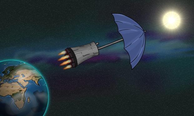 Eine Rakete mit Sonnenschirm um die Welt zu retten.