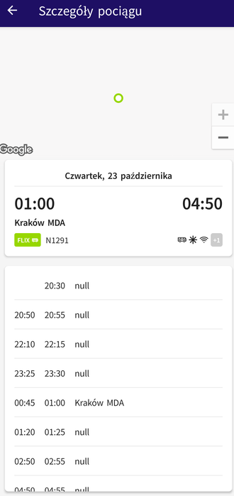 Widok kursu FlixBusa w aplikacji Koleo w czwartek, 23 października. Wszystkie przystanki są oznaczone jako "null", poza Kraków MDA, gdzie wyszukiwałem trasę od Krakowa. Mapa wygląda na pustą, choć może po prostu zrobiło ogromny zoom do jedynego przystanku, do którego załadowały się dane