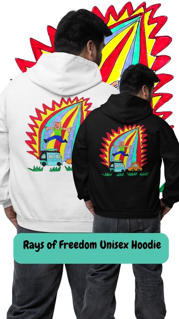 Slide from my latest You Tube video Rays of Freedom . 

Featuring a male model standing with his back to the camera wearing a Hoodie in black and another in white displaying the design on the back of the hoodie- Rays of Freedom 
 
https://youtube.com/shorts/b2PAGPUDSp0  

If you like your videos really short, and filled with great doodle inspired t shirt and hoodie ideas, accompanied by some cool musical vibes,  then this one just might be for you. Featuring the doodle inspired ‘Rays of Freedom’ design, great for bringing some fun artistic vibes to your streetwear.

Mockups created in Placeit.net for inspiration only with accurate design placement on products in my Fourthwall store- 
 catrionarobetsphotographyanddesignstoo.com 

Click on link in  the channel bio to discover more about this fab unisex T Shirt and Hoodie design.

I combined all elements to create this video (including text, shapes, animation, layering and transparency options) using the video editor in canva.com 

Music track for this video provided within the You Tube Library.

Click links on the main post to view the video.