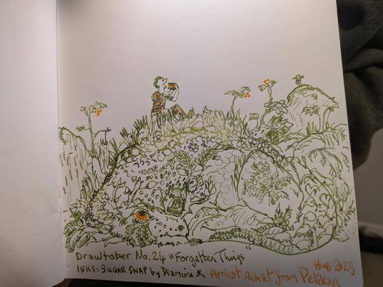 A person is enjoying a snack, whilst being unaware that the hillside upon which they are sitting is a dragon, who has just been woken by the scent of the black forest cake. Drawn in green and orange.