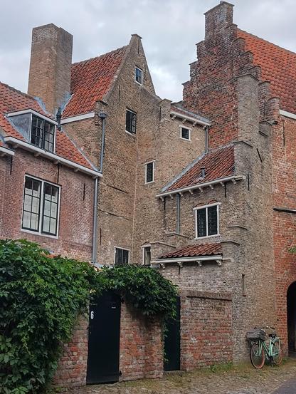 Kuiperspoort in Middelburg met in elkaar verweven bakstenen gevels, onder een muurtje met deur en klimop | Kuiperspoort in Middelburg with interlocking facades with below awaal with door and ivy