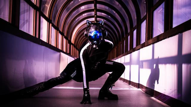 a ultrawide version of a drone doing a black widow pose on a skybridge.