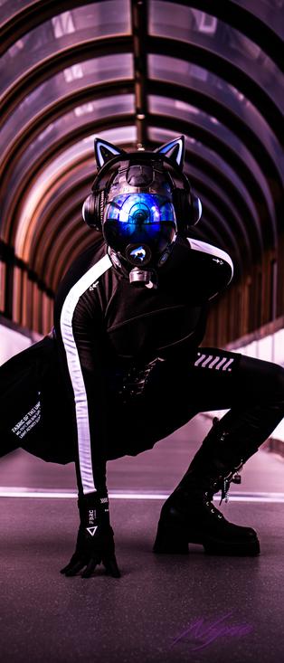 a 21:9 vertical version of a drone doing a black widow pose on a skybridge.