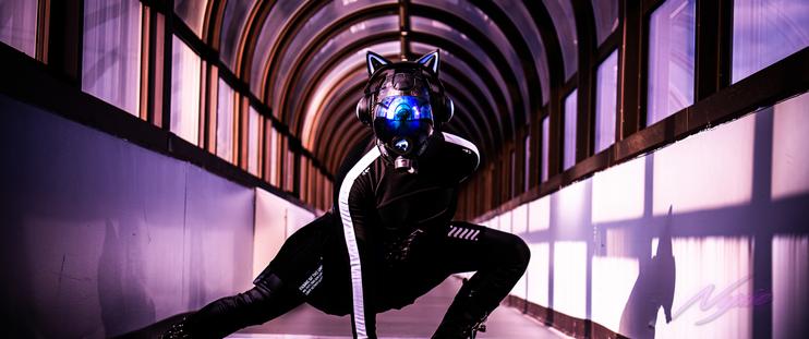 16:9 version of a drone doing a black widow pose on a skybridge.