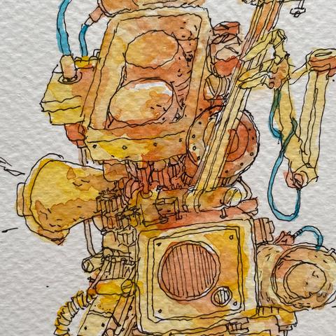 Detalle de la ilustración en acuarela en amarillos, ocres y naranjas de varias tonalidades con contorno de tinta negra. Son varias bocinas pegadas entre sí con cables de color azul