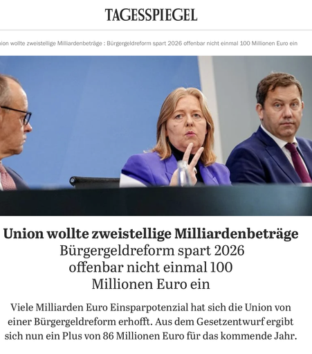 Screenshot vom tagesspiegel. Titel: "Union wollte zweistellige Milliardenbeträge. Bürgergeldreform spart 2026 offenbar nicht einmal 100 Millionen Euro"