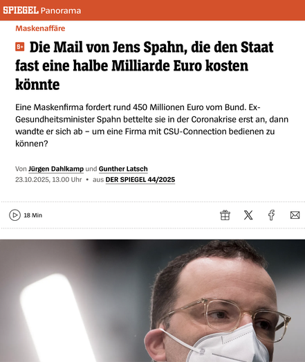 Screenshot von Spiegel Online: Titel: "Maskenaffäre: Die Mail von Jens Spahn, die den Staat fast eine halbe Milliarde kosten könnte."