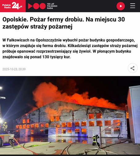 Zdjęcie pożaru kurnika w Fałkowicach.
Napis Opolskie. Pożar fermy drobiu. Na miejscu 30 zastępów straży pożarnej