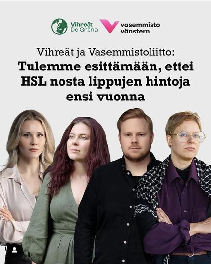 Vihreät ja Vasemmistoliitto: Tulemme esittämään, ettei HSL nosta lippujen hintoja ensi vuonna. Tekstin alla julkaisussa mainitut hallituksen jäsenet.
