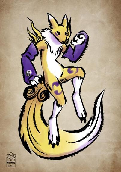 The Digimon Renamon in the style of the game Okami / Sumi-e inspired style.