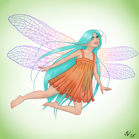 A digital drawing of a flying female fairy. Long turquoise hair to her ankles, wings like a dragonfly in shape, with highly saturated dark blue, purple, pink and orange in the line art. She is wearing a sheer orange dress.